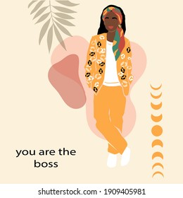 Beautiful African American girl in a suit and the inscription you are the boss. Vector illustration in abstract style