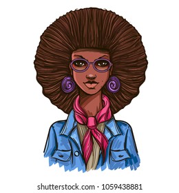 Beautiful African American girl with thick hair. Vector illustration isolated on white background for posters, print on T-shirts and other items.