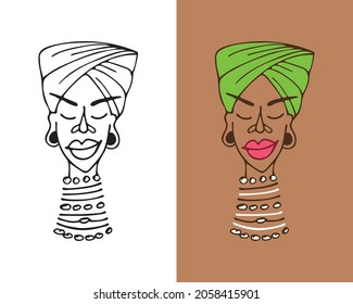 Beautiful African American girl in a turban and beads on a long neck. Portrait of a dark-skinned woman with big smiling lips. Female face in black and white contour doodle style and in color.