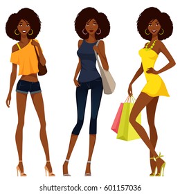 beautiful African American girls in colorful summer fashion. Attractive black women in fashionable outfits. Cartoon character.