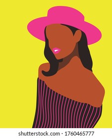 Beautiful African American Lady In Elegant Dress With Hot Pink Hat Vector Illustration