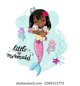 Beautiful African American mermaid and colorful fish. Vector illustration isolated on white background. Print for children's T-shirt