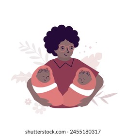 Beautiful african american mother holds newborn twins in her arms. Happy twins mom. Family portrait, close up view. Maternity, childhood. Flat vector illustration isolated on white background