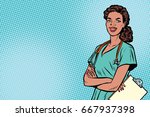 Beautiful African American nurse with stethoscope. Medicine and health care. Pop art retro vector illustration