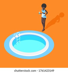 Beautiful African American poolside on an abstract background. Summer vacation. Flat vector illustration. people isometric