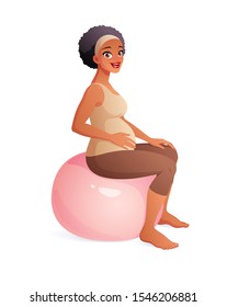 Beautiful African American pregnant woman sitting on fit ball. Pregnancy vector illustration isolated on white background.