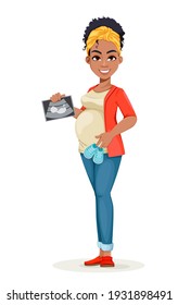 Hermosa mujer embarazada afroamericana sosteniendo una ecografía de su bebé. Feliz personaje de caricatura de madre joven. Ilustración vectorial de acciones