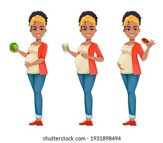 Beautiful African American pregnant woman, set of three poses. Happy young mother cartoon character. Stock vector illustration