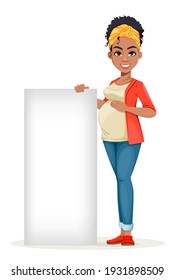 Beautiful African American pregnant woman standing near blank banner. Happy young mother cartoon character. Stock vector illustration