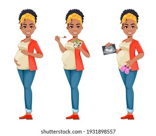 Beautiful African American pregnant woman, set of three poses. Happy young lady preparing to be a mother. Cheerful cartoon character. Stock vector illustration