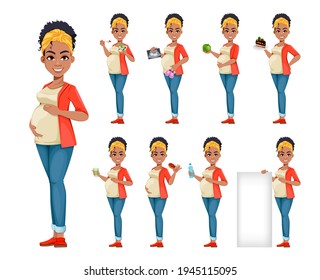 Beautiful African American pregnant woman, set of nine poses. Happy young mother cartoon character. Stock vector illustration on white background