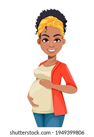 Beautiful African American pregnant woman. Happy young mother cartoon character. Stock vector illustration