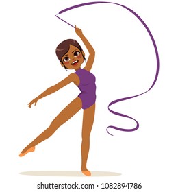 Beautiful African American professional rhythmic gymnastics woman wearing purple leotard performing with ribbon apparatus