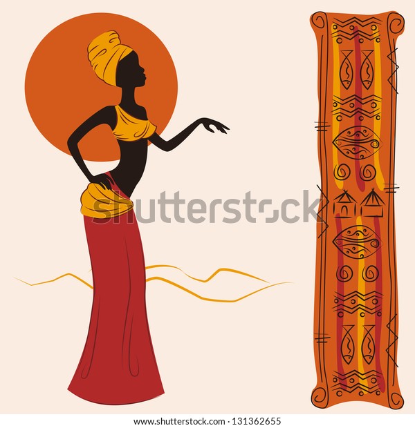 Beautiful African American woman and and ancient pattern. Hand drawing illustration.