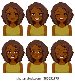 Beautiful African American woman avatar with afro hair making six different face expressions set with green shirt