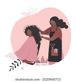 Hermosa mujer afroamericana en salón de belleza. Peluquero en uniforme utiliza peine y tijeras y hace peinado de moda para chica de belleza. Carácter femenino con el pelo rizado. Ilustración vectorial