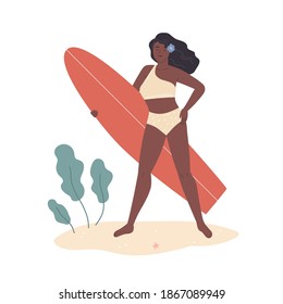 Beautiful african american woman in bikini stand on summer beach and hold surfboard. Female pretty surfer posing with surf board. Flat vector cartoon illustration isolated on white background