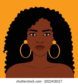 Beautiful African American woman with black curly hair and golden 
earrings. Black strong girl on yellow background, front view. Vector flat illustration