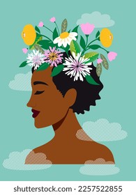 A beautiful African American woman with a blooming head. The concept of psychological health of a woman. Vertical blue banner with a portrait of a dark-skinned lady. Vector.