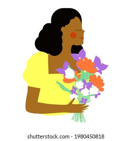 Beautiful African American woman with a bouquet of flowers. Vector young woman profile in a yellow trendy t-shirt isolated on a white background.