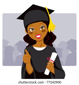 Beautiful african american woman celebrating graduation day holding diploma in her hand and making thumbs up sign