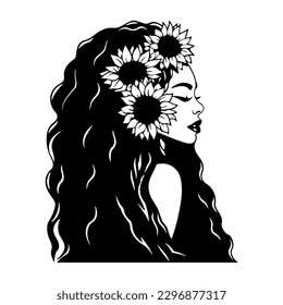 Beautiful African American woman with curly long hairstyle and sunflowers. Cartoon style. Isolated on white background. Vector illustration for beauty salons, posters, and social media.