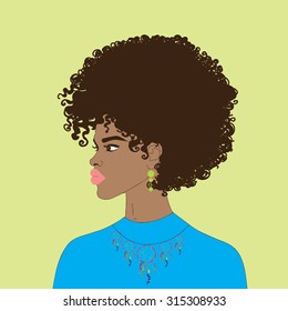 Beautiful African American woman with curly hair and earring, necklace with dream catchers. Vector. 