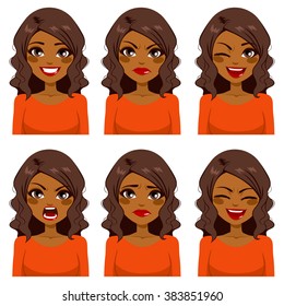 Beautiful African American woman with curly hair making six different face expressions set with red shirt