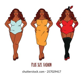 Beautiful African American Woman With Curves, Plus Size Model In Three Looks, Vector Illustration 