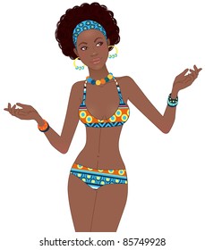 Beautiful African American  woman in ethnic patterned bikini