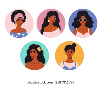 Beautiful African American Woman. Female Portrait set. Isolated round avatar with bright ethnic girls Vector illustration. Character for Women's Day, Mother's Day and Birthday Greeting Design