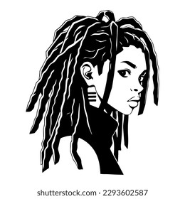 Beautiful African American woman with hairstyles of dreadlocks. Black silhouette, cartoon style. Isolated on white background. Vector illustration for beauty salons, posters, and social media