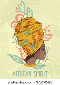 beautiful African American woman in hand drawn style, "african spirit" poster, vector illustration