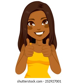 Beautiful African American woman happy smiling making thumbs up sign with both hands