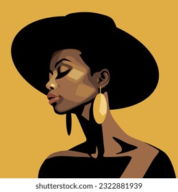 Beautiful african american woman with hat, fashion model, vector illustration