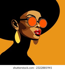 Beautiful african american woman with hat and sunglasses, fashion model, vector illustration