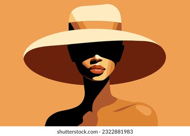 Beautiful african american woman with hat, fashion model, vector illustration