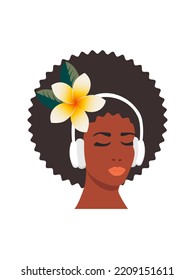 A beautiful African American woman in headphones listens to music. Woman head isolated on white background. The concept of relaxation, good mood, rest. Vector.