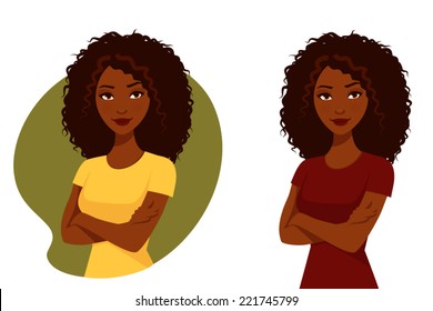 Beautiful African American Woman With Her Arms Crossed. Attractive Black Girl In Casual Fashion. Cartoon Character. Isolated.