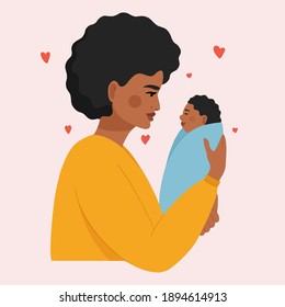 Beautiful african american woman holding her cute baby in arms. Happy Mothers day. Vector illustration.