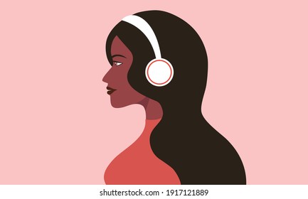 Beautiful African American woman listening on headphones. Social media player application, music therapy, music lover and entertainment vector illustration 