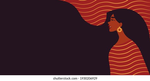 Beautiful african american woman with long hair. Modern illustration of Women's Day. 8th March. Template for cards, greetings, flyer, banner. 