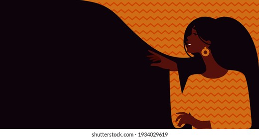 Beautiful african american woman with long hair points to the space for the text. Modern illustration. Template for cards, greetings, flyer, banner. 