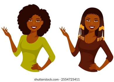 beautiful African American woman with natural hair or braids, wearing an elegant blouse, smiling and gesturing. Young black woman in casual clothing. Isolated on white.