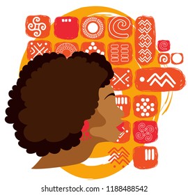 Beautiful African American woman on ethnic ornament, can be used as touristic banner or as poster for beauty differences, happy colors, vector illustration