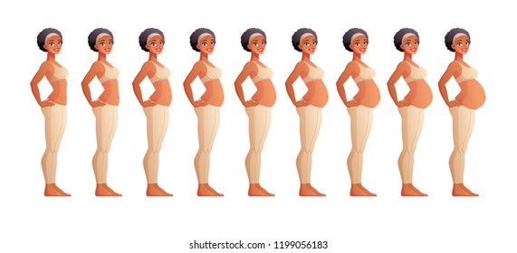 Beautiful african american woman on different stages of pregnancy. Vector illustration isolated on white background EPS10.