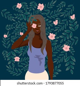 
Beautiful African American woman on a background of plants.
Suitable for advertising banners, posters, postcards. Template to use. Illustration Made in vector.