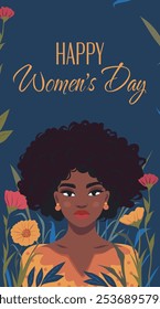 Beautiful African American woman on the background of flowers, plants and place for text. Women's Day. March 8. Feminism. Gender equality and women's empowerment. Vector bright flat banner