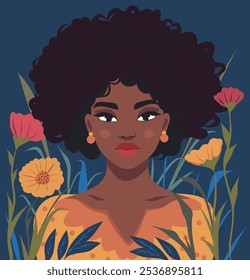 Beautiful African American woman on the background of flowers, plants. Women's Day. March 8. Feminism. Gender equality and women's empowerment. Vector bright flat banner on blue background.