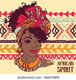 beautiful African American woman on beautiful ornament, "african spirit" poster, vector illustration